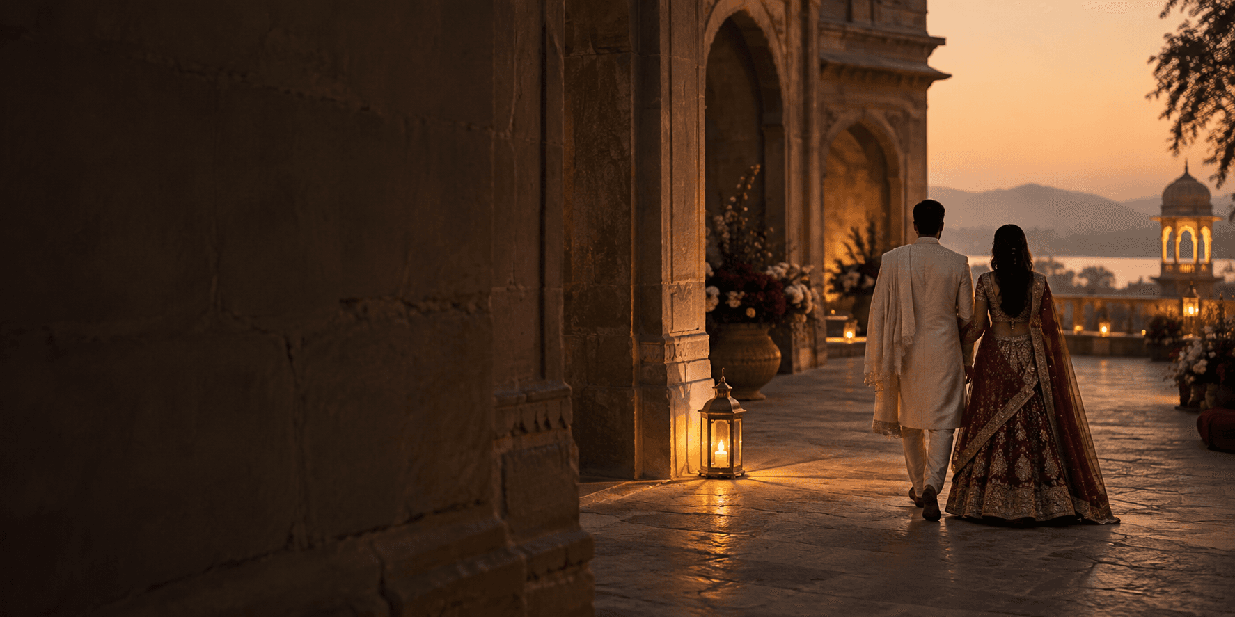 A couple walking together through a sandstone courtyard at dusk