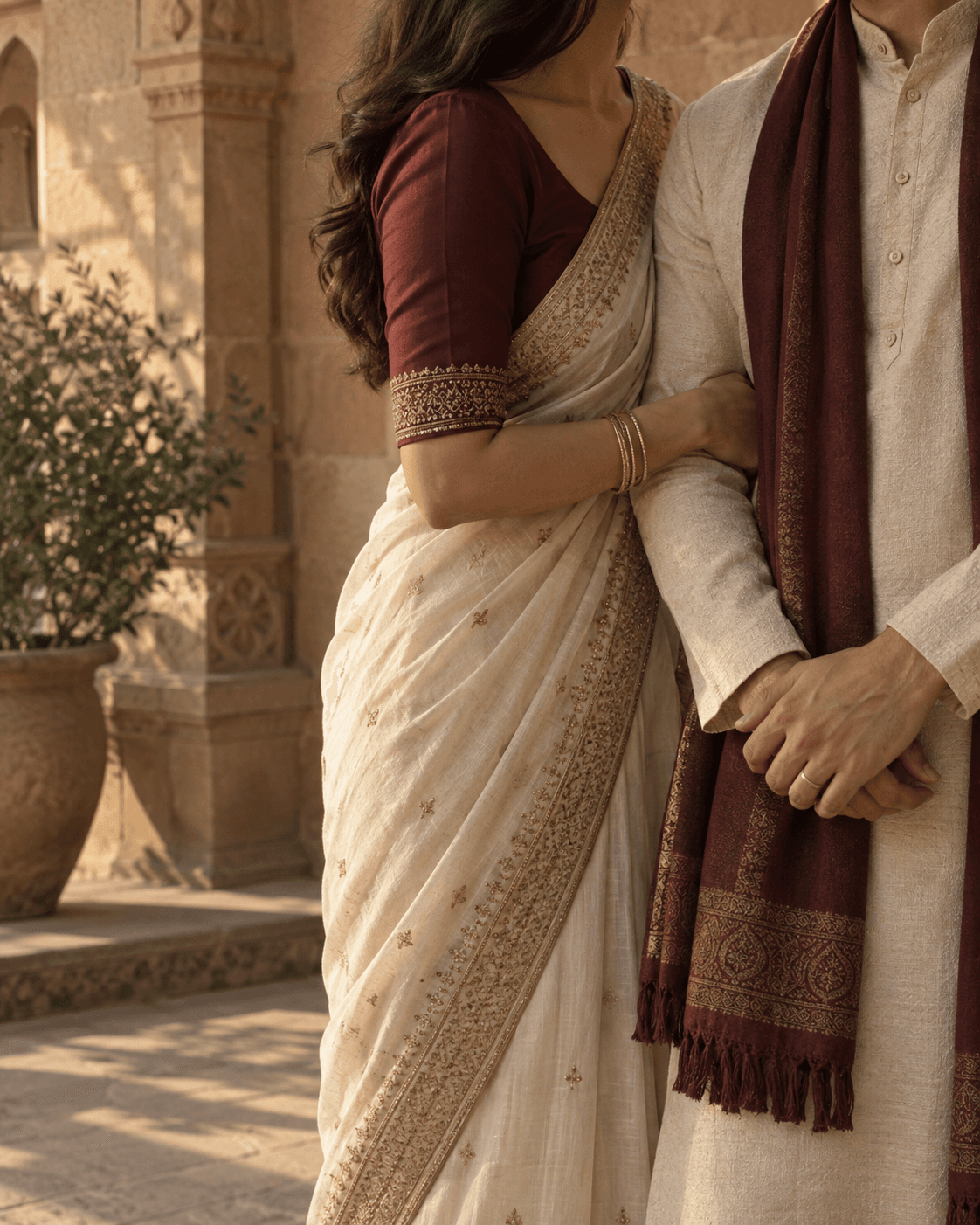 Hands held together, wedding attire detail