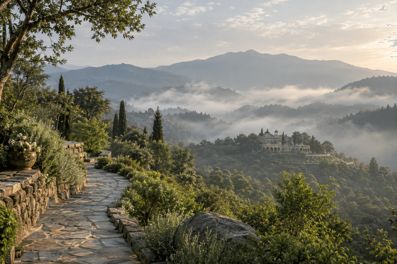 Misty hills and a winding path